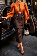 Women's Fashion Elegant Commuter Puff Sleeve Shirt or Bow Skirt