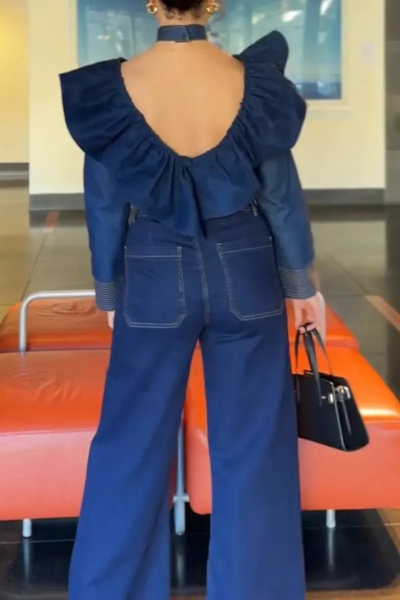 Women's Fashion Oversized Flounce Denim Top or Wide Leg Jeans