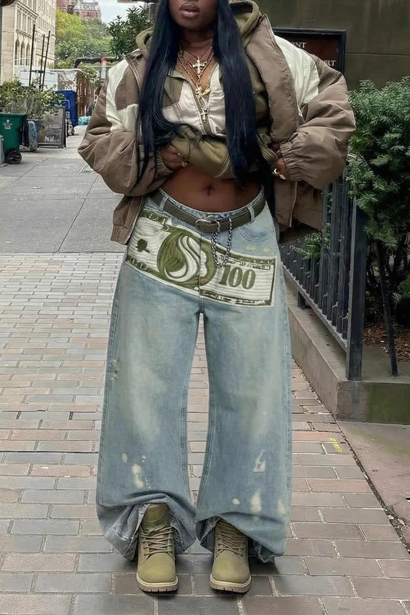 Women 100 Dollar Bill Print Splash Ink Vintage Wide Leg Denim Jeans