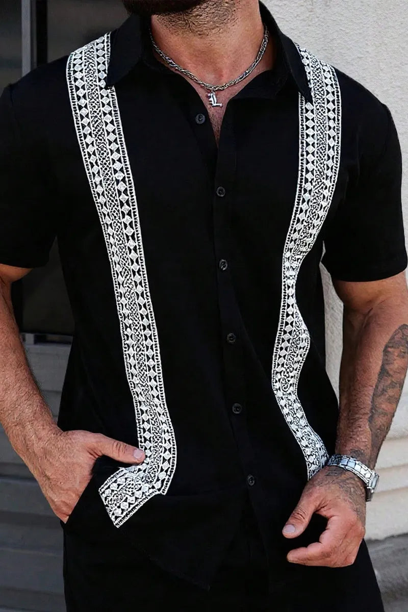 Men's Casual Contrast Color Lace Trim Shirt, Summer