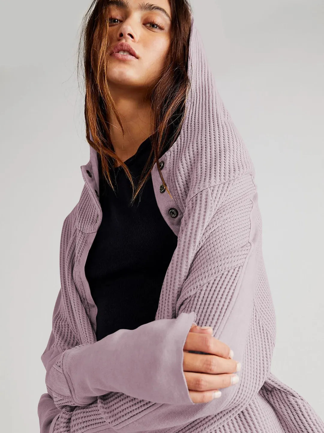 Casual Textured Knit Hoodie Sweatshirt Jacket