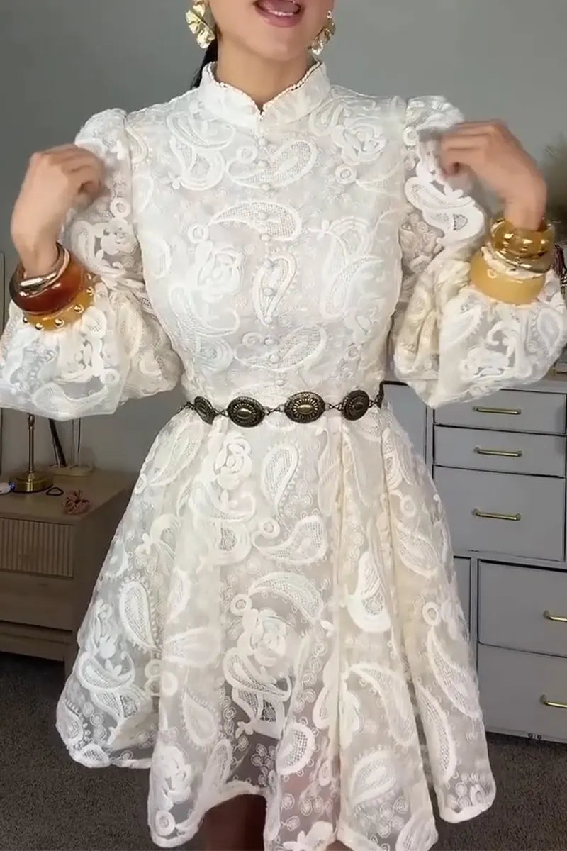 Women's Round Neck Waist Cinched Buckle Pattern Elegant Temperament Midi Dresses