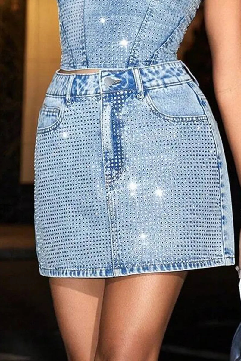 Women's Casual Rhinestone Strapless Top&Rhinestone Bodycon Mini Skirt