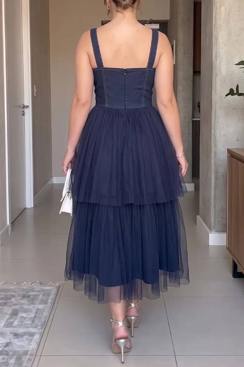 Women's Sweetheart Neck Tiered Tulle Midi Dress Sleeveless 3D Floral Applique Ruffle Hem A-Line Fairy Prom Cocktail Party Dress