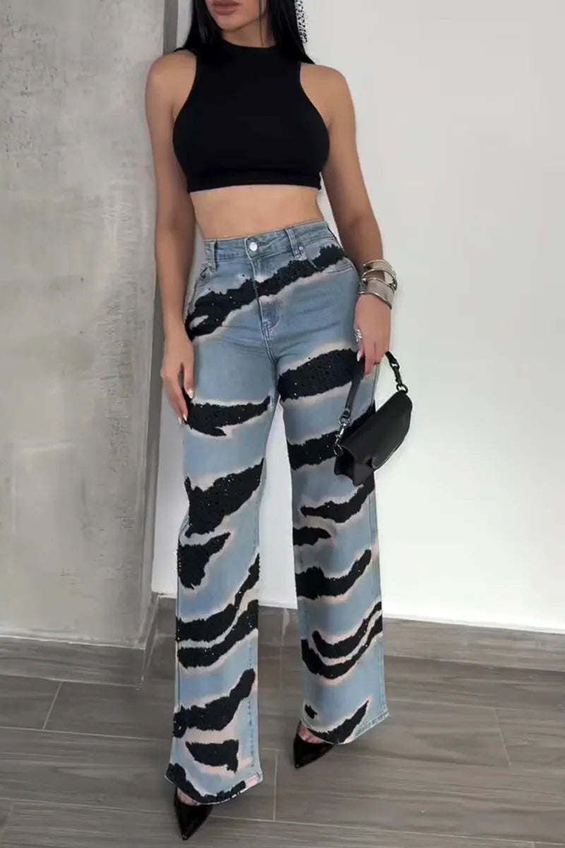 Women's Fashion Pattern Rhinestone Decoration Wide Leg Jeans