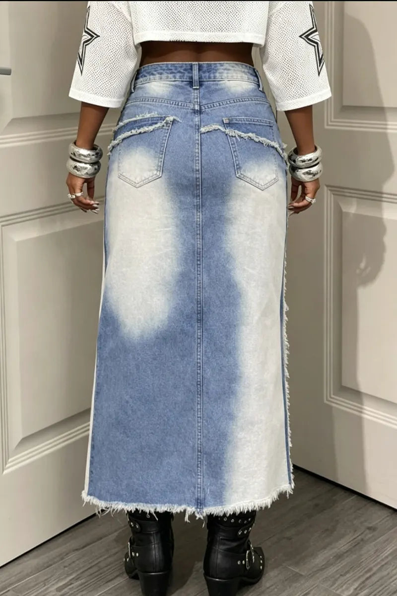Women Vintage Bleach Wash Patch Frayed High Slit Streetwear Denim Maxi Skirt