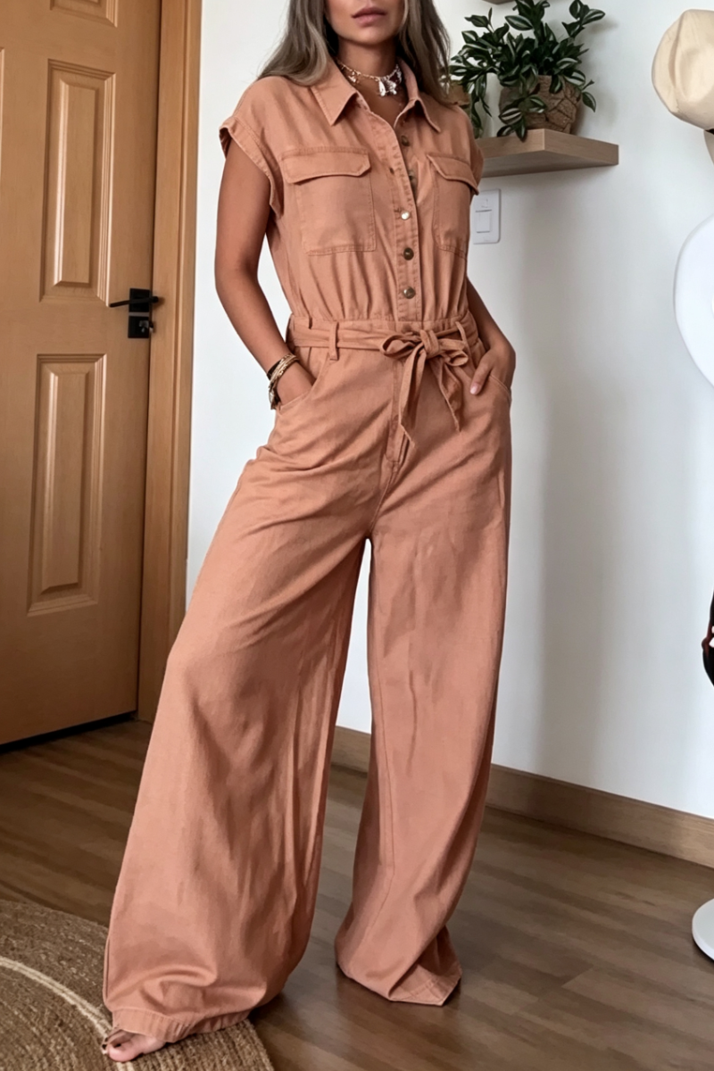 Women's Lapel Buckle Splicing Casual Jumpsuit