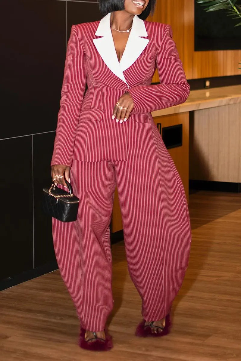 Women's Fashion Color Block Lapel Asymmetric Blazer or Curved Pants