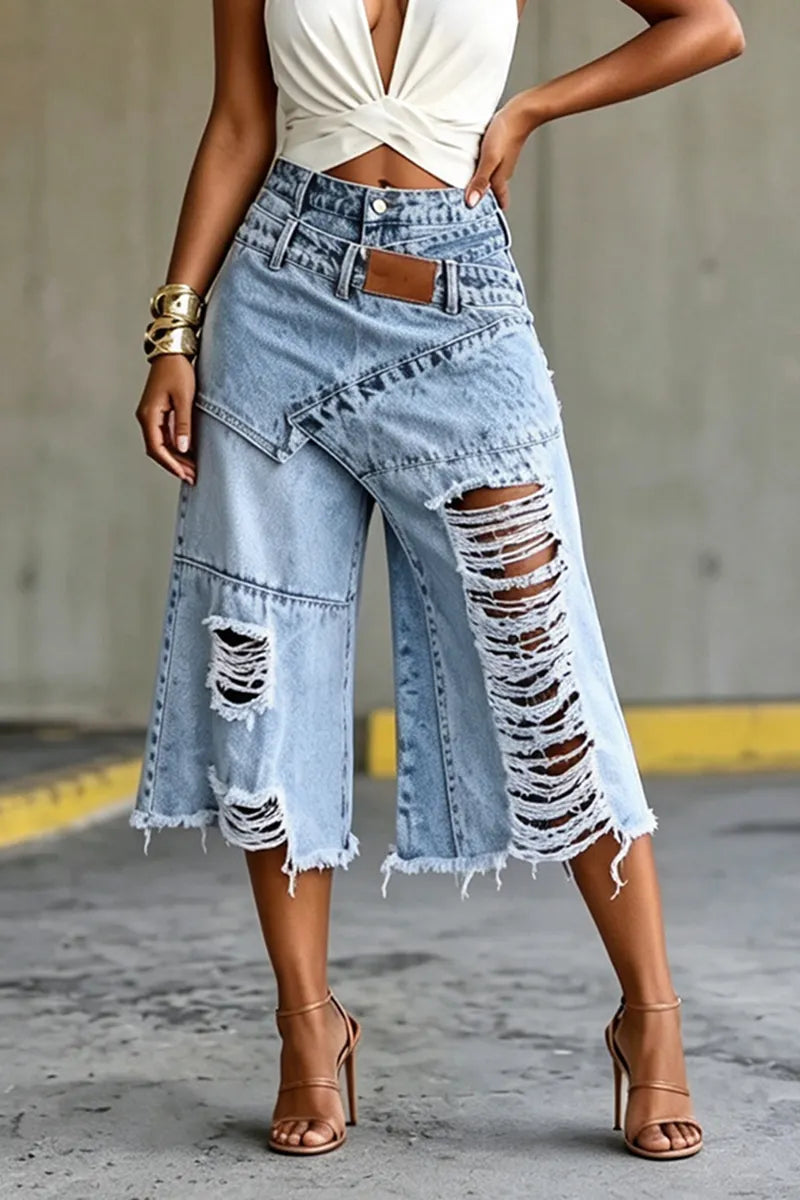Women's Casual Overlap Faux Two-Piece Ripped Short Jeans