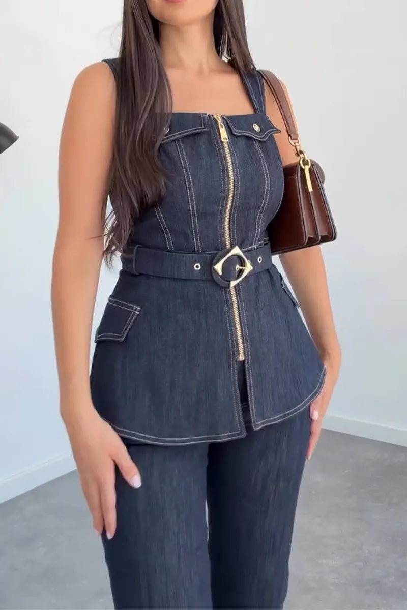 Women's Square Collar Zipper Spliced Denim Top or Jeans