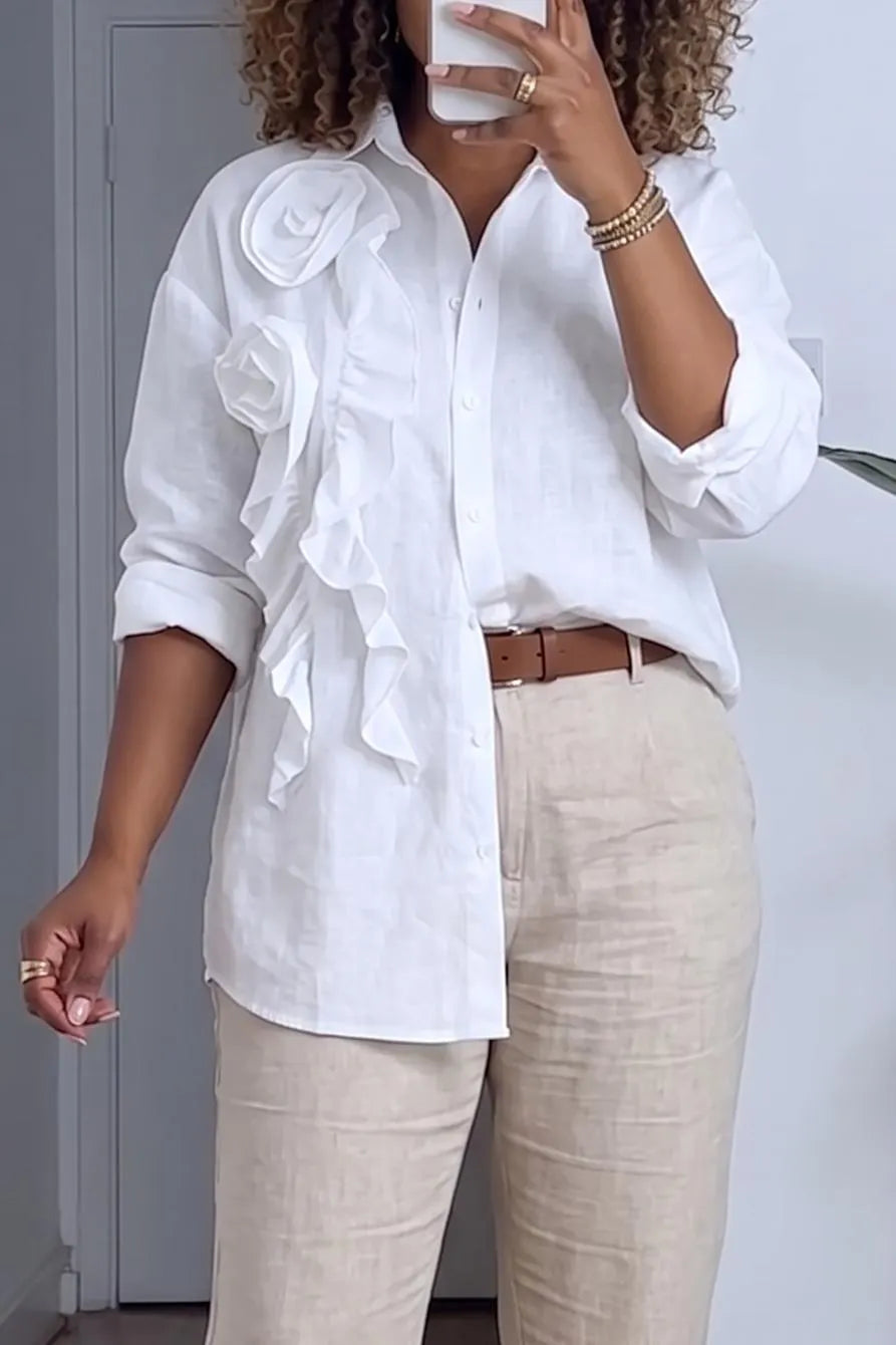 Women's Oversized Button Down White Shirt 3D Ruffle Floral Detail Long Sleeve Collared Cotton Blouse Chic Streetwear Tops