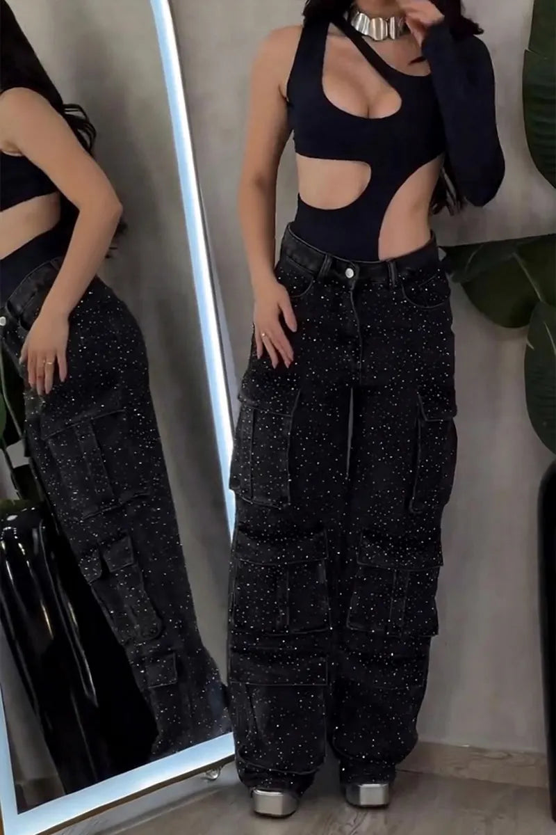 Women's Fashion Shiny Rhinestone Cargo Jeans