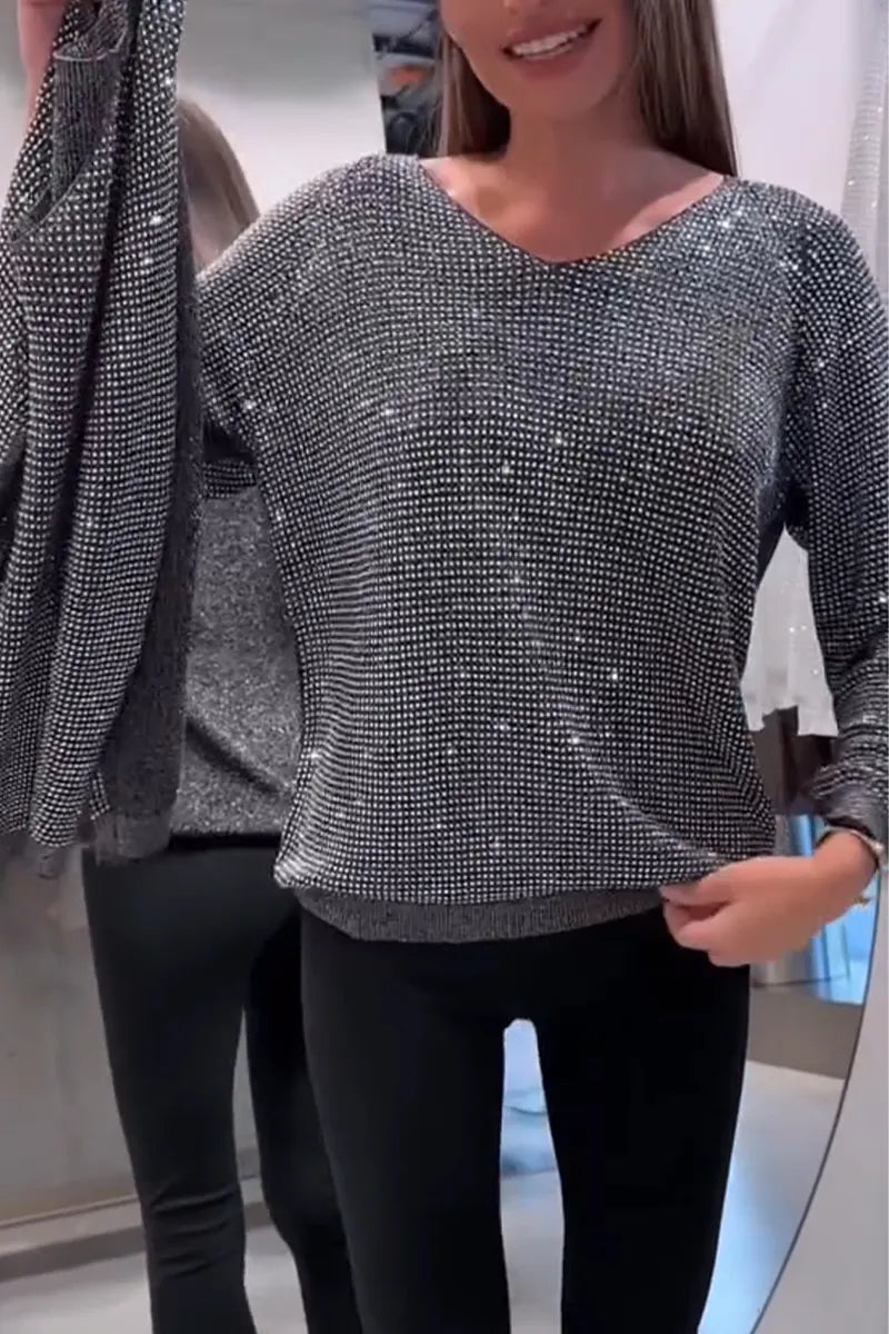 Women's V-neck Rhinestone Shiny Casual Top