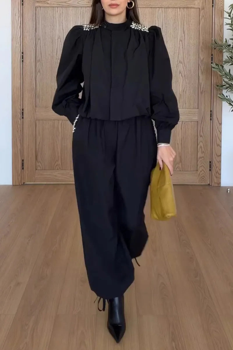 Women's Casual Puff Sleeve Rhinestone Decoration Shirt or Elastic Cuff Pants