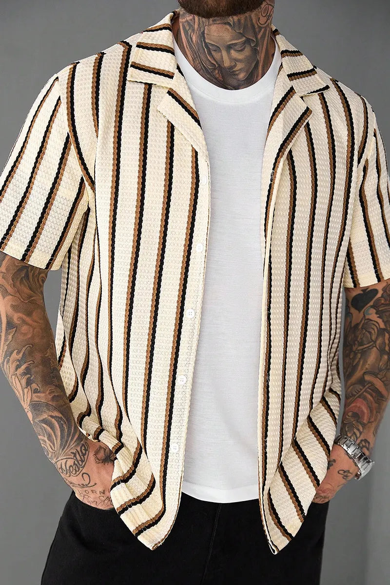 Men's Beige Summer Casual Vacation Holiday Striped Waffle Knit Polo Shirt,Classic Button Down Short Sleeve Textured Cuban Shirt Retro Outdoor Tops