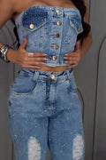 Women's Rhinestone Studded Strapless Button Front Cropped Denim Tube Top Or Distressed Frayed Hole Crystal Embellished Cuffed Denim Jeans