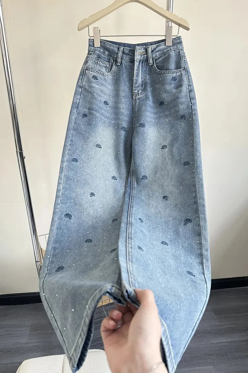 Women' s Vintage Blue Rose Embroidered Rhinestone Jeans