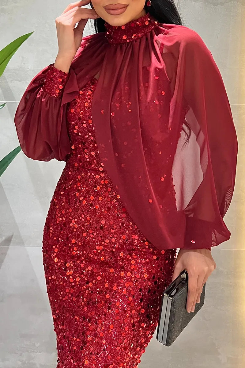 Women's Elegant Party Sequins with Cover-Up Maxi Dress