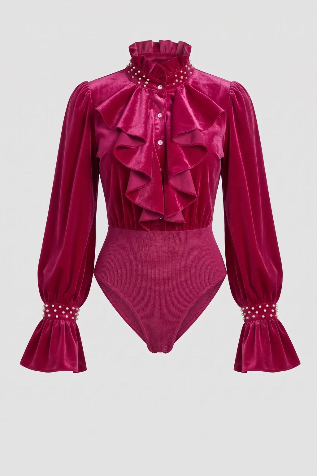 Women's Victorian Ruffle Velvet Blouse Long Bell Sleeve Button Down Shirt Mock Neck Pearl Cuff Party Evening Cocktail Tops