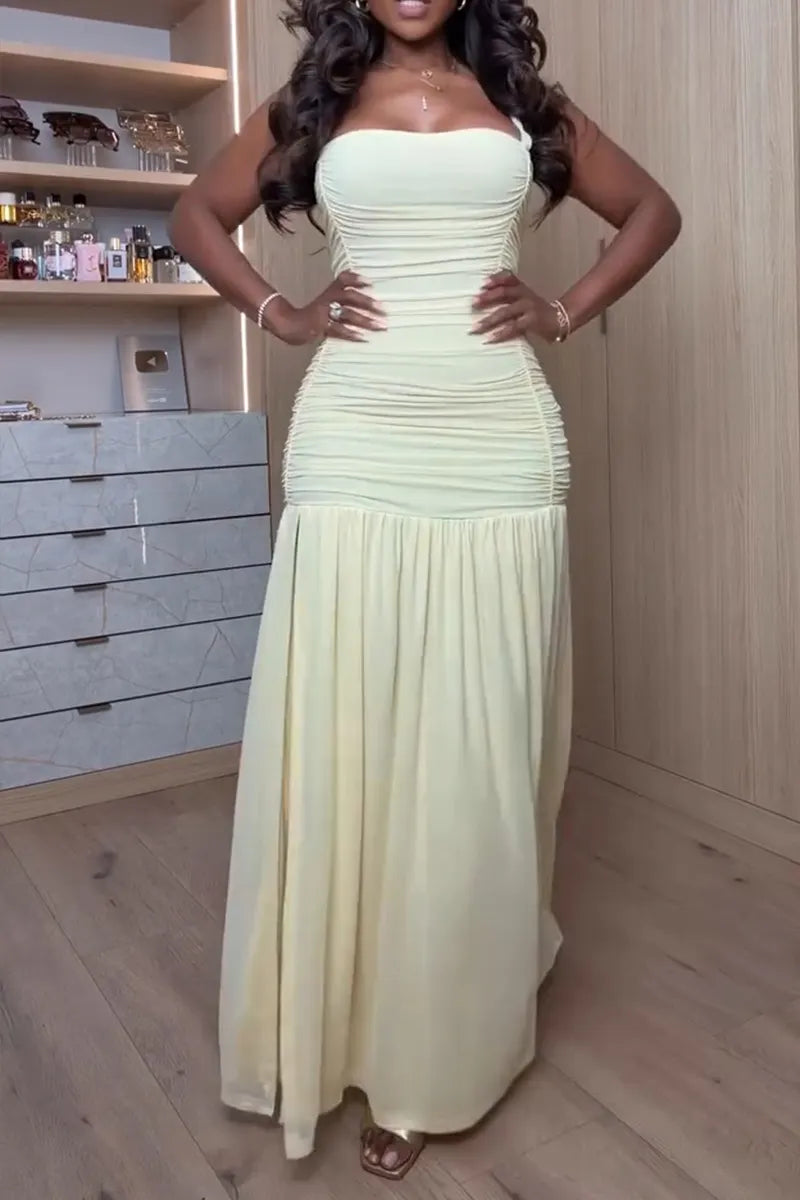 Women's Elegant Pleated Slit Hem Maxi Dress