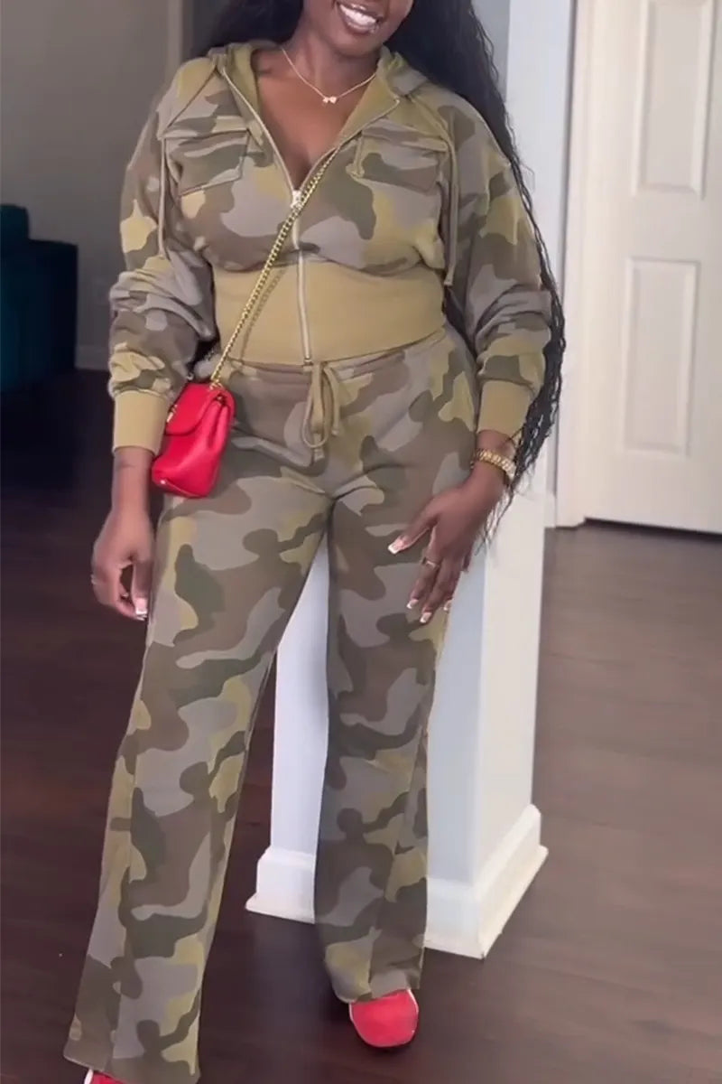 Women's Round Neck Patchwork Hooded Jacket+ Pants Casual Camouflage Set