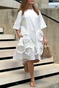 Women's Round Neck Solid Color Patchwork Loose Casual Dress