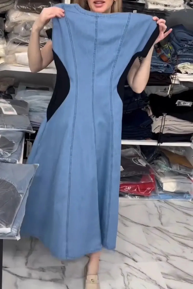 Women's V-neck Breasted Patchwork Embroidered Elegant Casual Denim Dress
