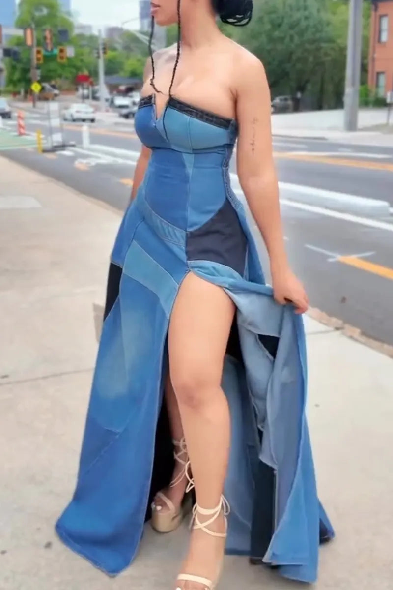 Women Strapless Patchwork Slit Elegant Temperament Denim Dress