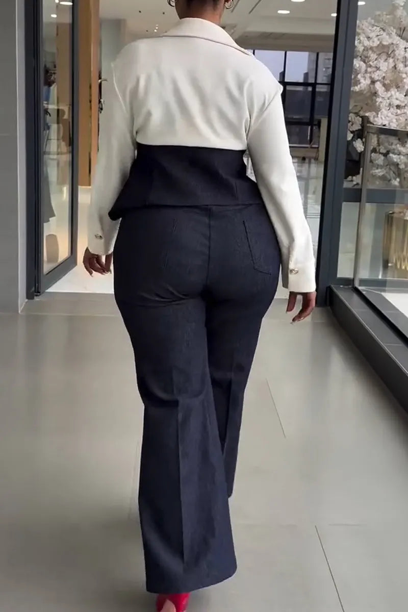Women's Collar Splicing Metal Buckle Top+ Pants Temperament Commuting Suit