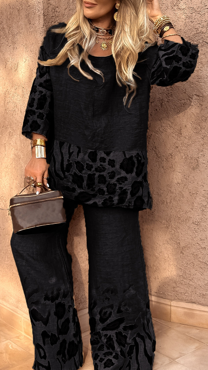 Women's Round Neck Leopard Print Cotton and Linen Casual Suit