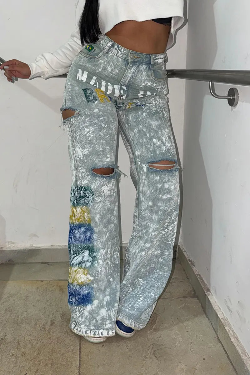Women Acid Washed Bleach Spotted Distressed Ripped Brazil Graphic Wide Leg Jeans