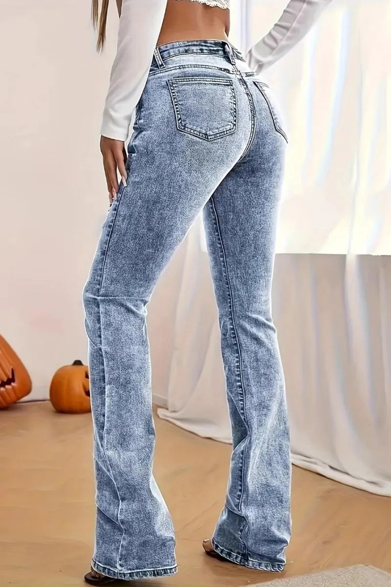 Casual Acid Wash Micro Flare Leg Jeans
