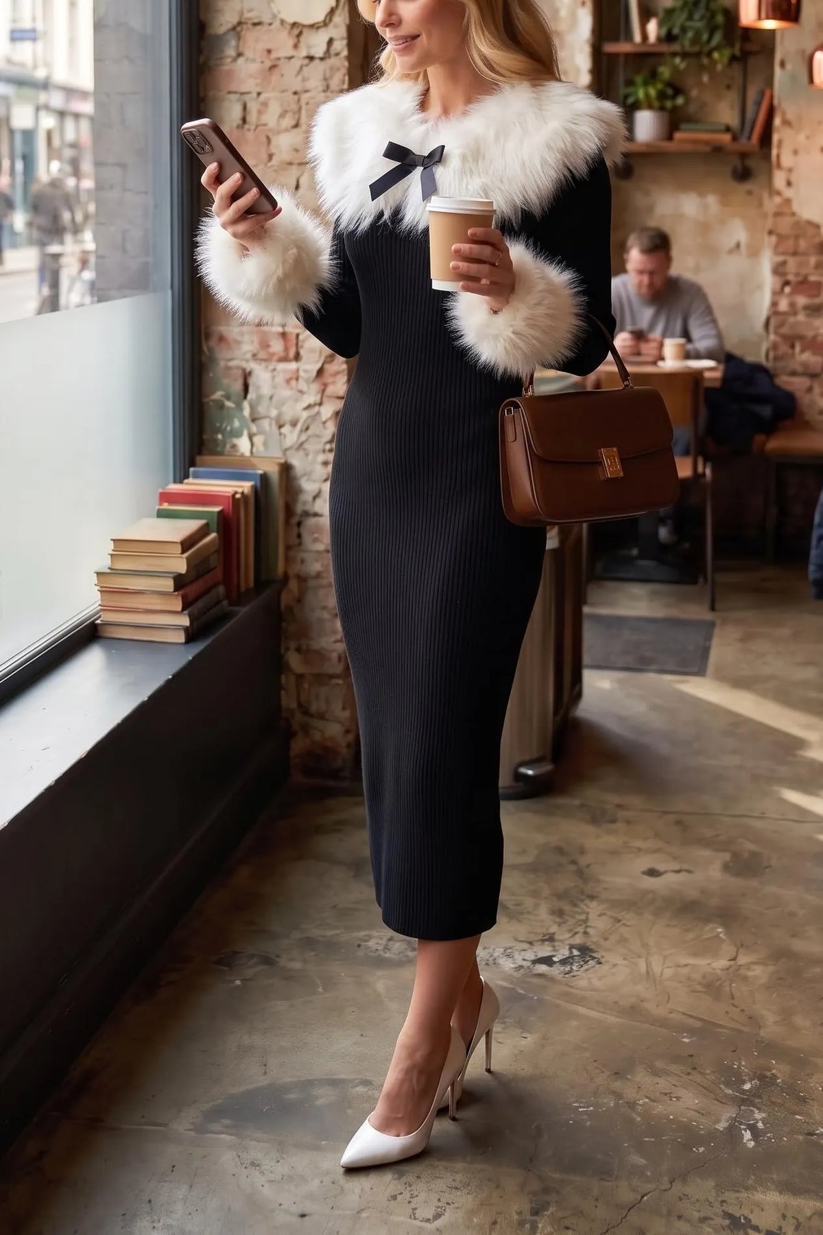 Women's French Chic Bow Tie Faux Fur Collar Rib-Knit Bodycon Dress