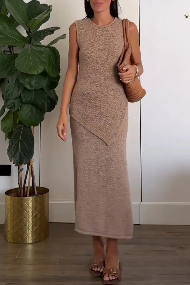 Women's Round Neck Sleeveless Irregular Top+ Half Skirt Solid Color Elegant Casual Set