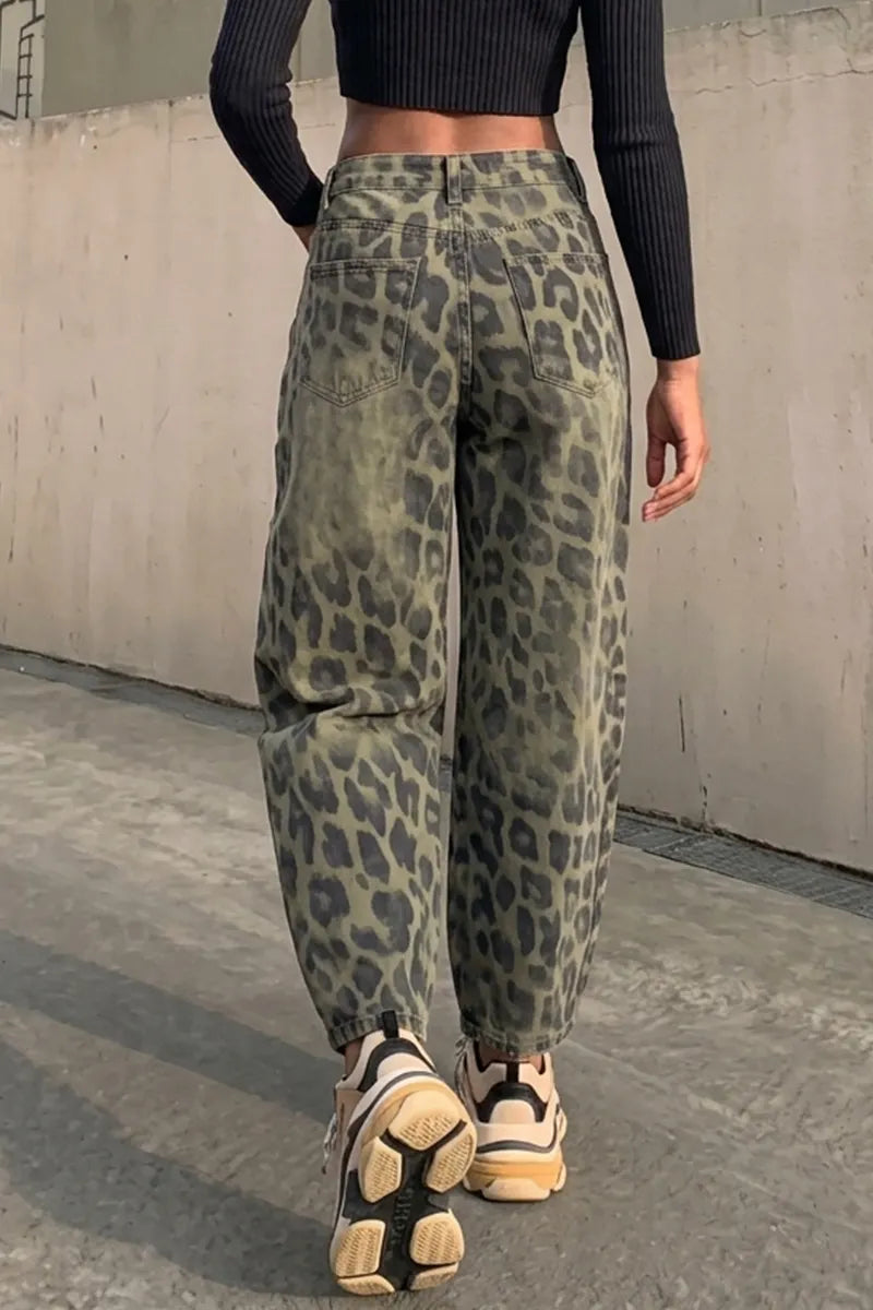 Women's Vintage Washed Leopard Print Ripped Jeans High Waisted Loose Baggy Denim Pants