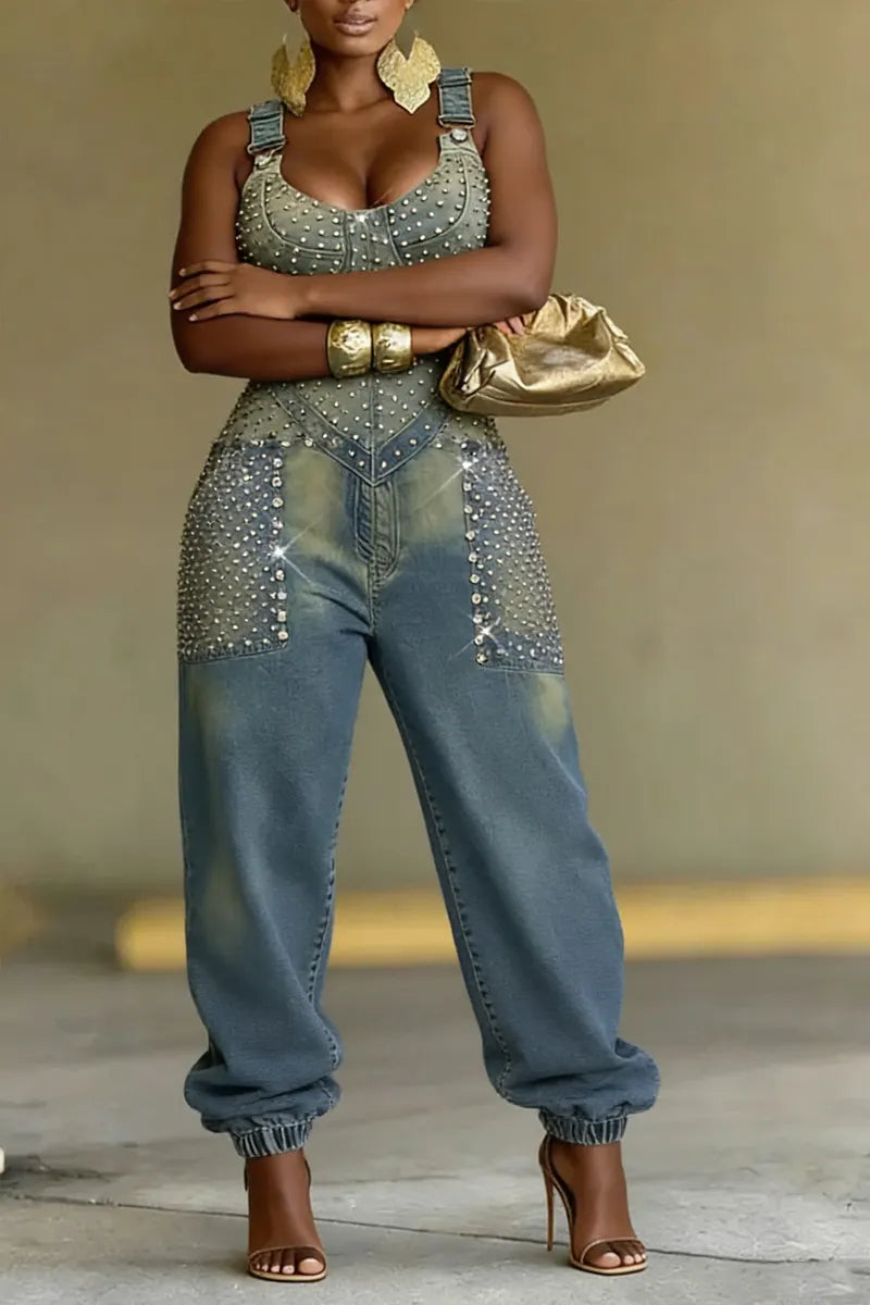 Hot Selling Women's Casual Rivet Denim Jumpsuit