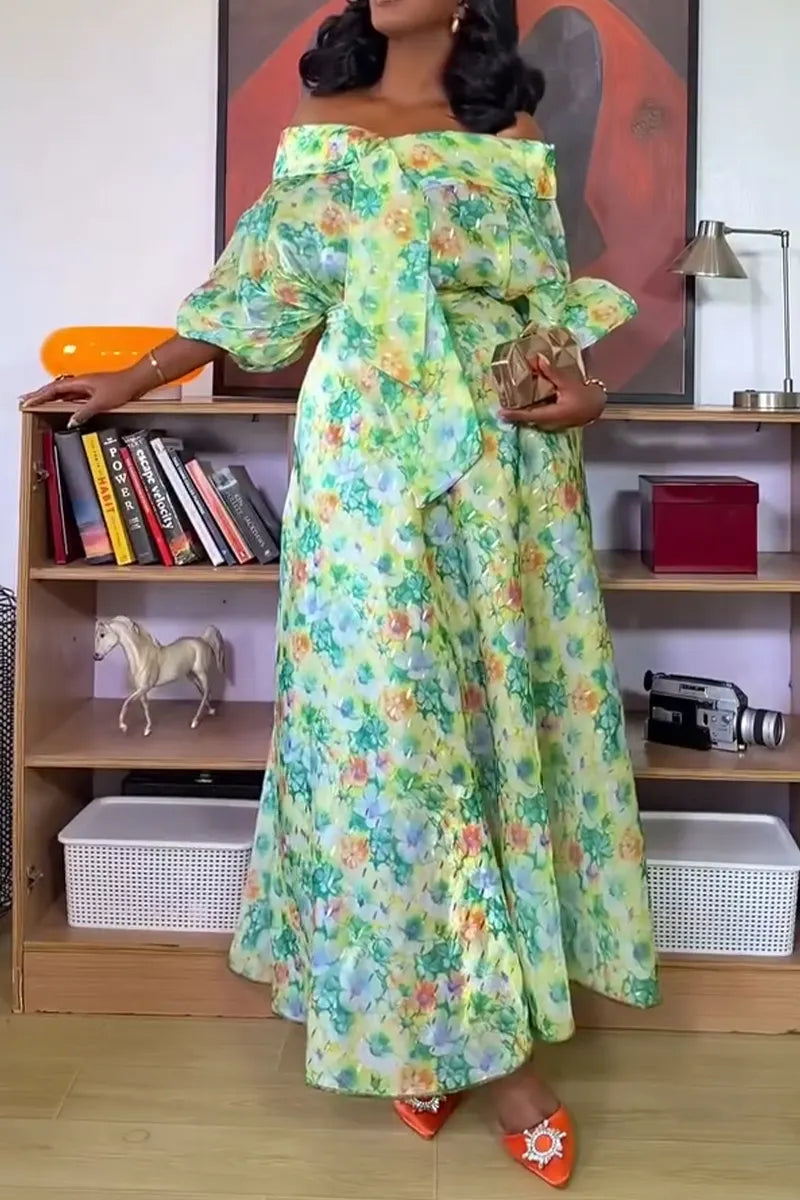 Women's One Collar Printed Top+ Half Skirt Elegant Temperament Set