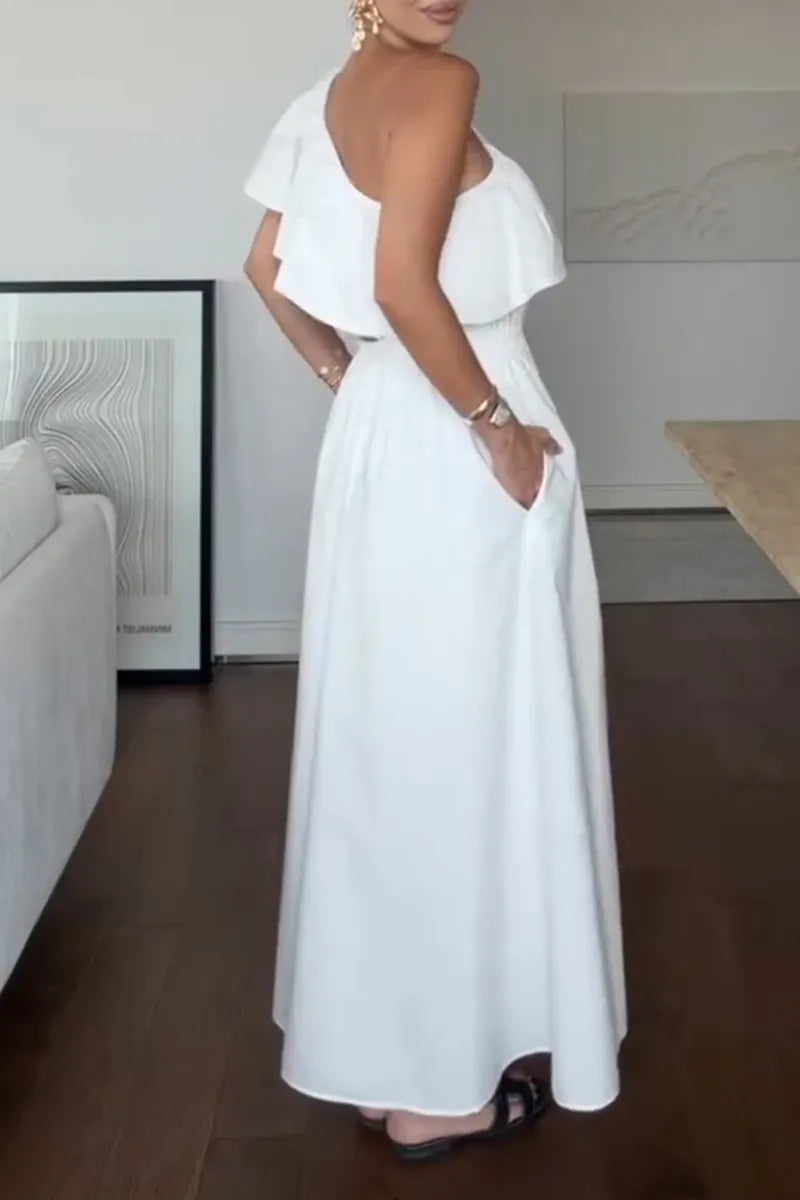 Women's Casual Ruffled Sleeve One Shoulder Waist Cutout  Maxi Dress