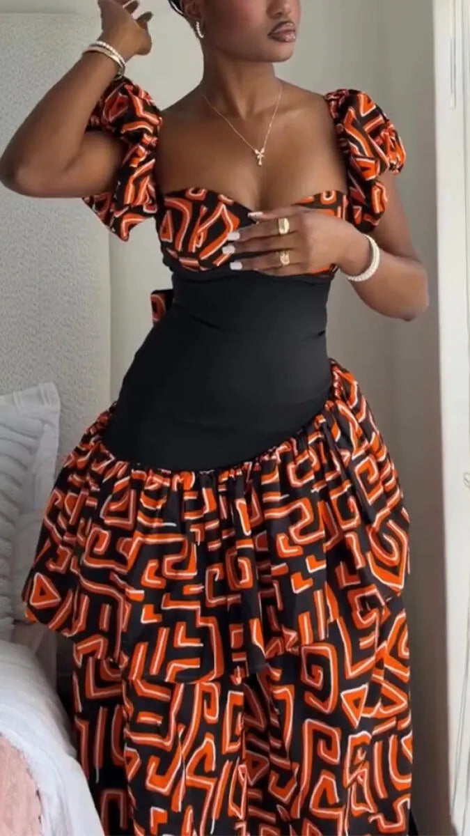 Women Square Collar Printed Waist Cinching and Elegant Temperament Dress