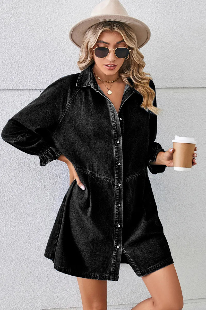 Casual Puff Sleeve Loose Fit Washed Denim Dress