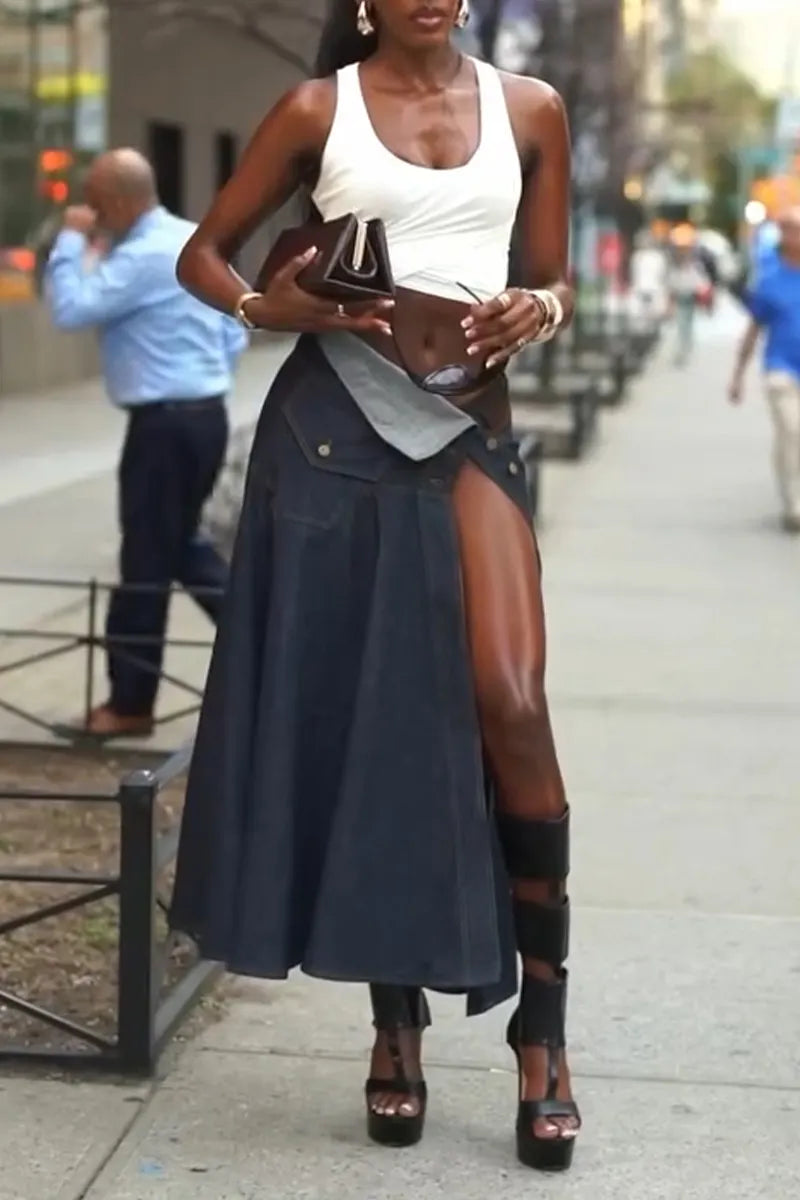 Women's Street Fashion High Slit Denim Skirt