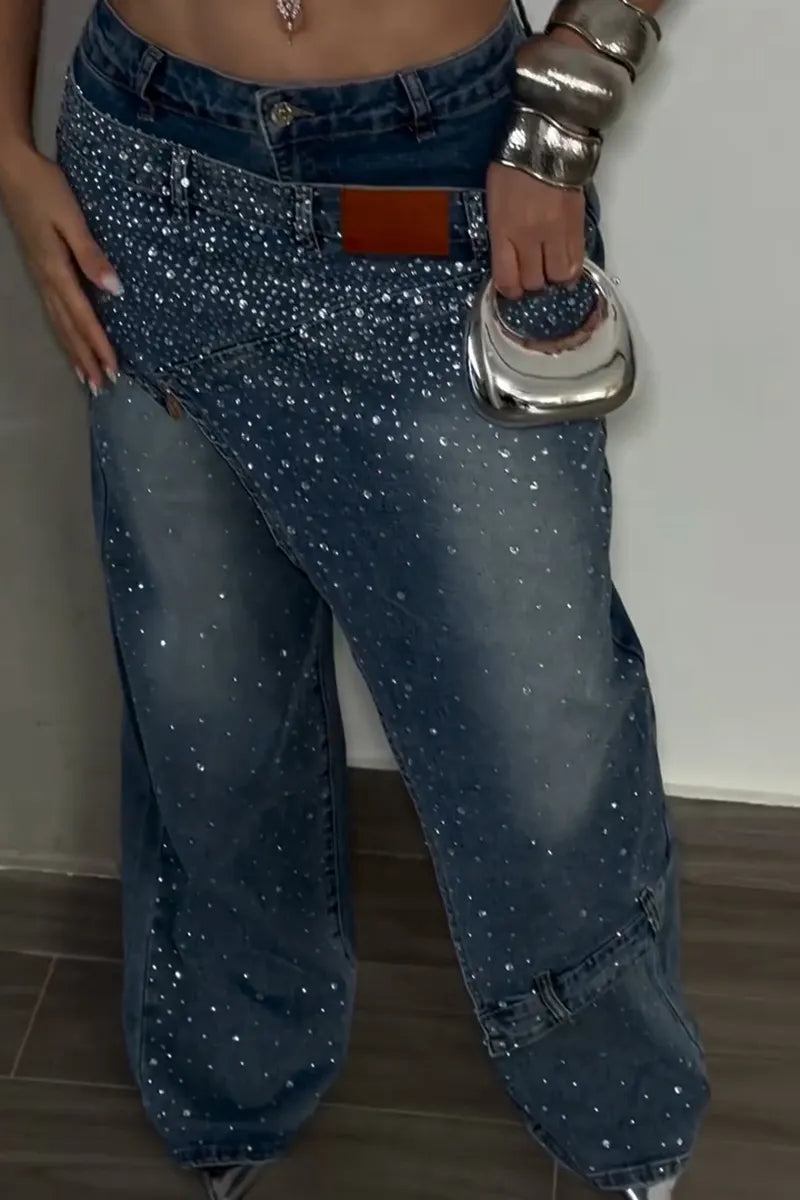 Women's Casual Rhinestone Decoration Double Layer Faux Two-Piece Wide Leg Jeans