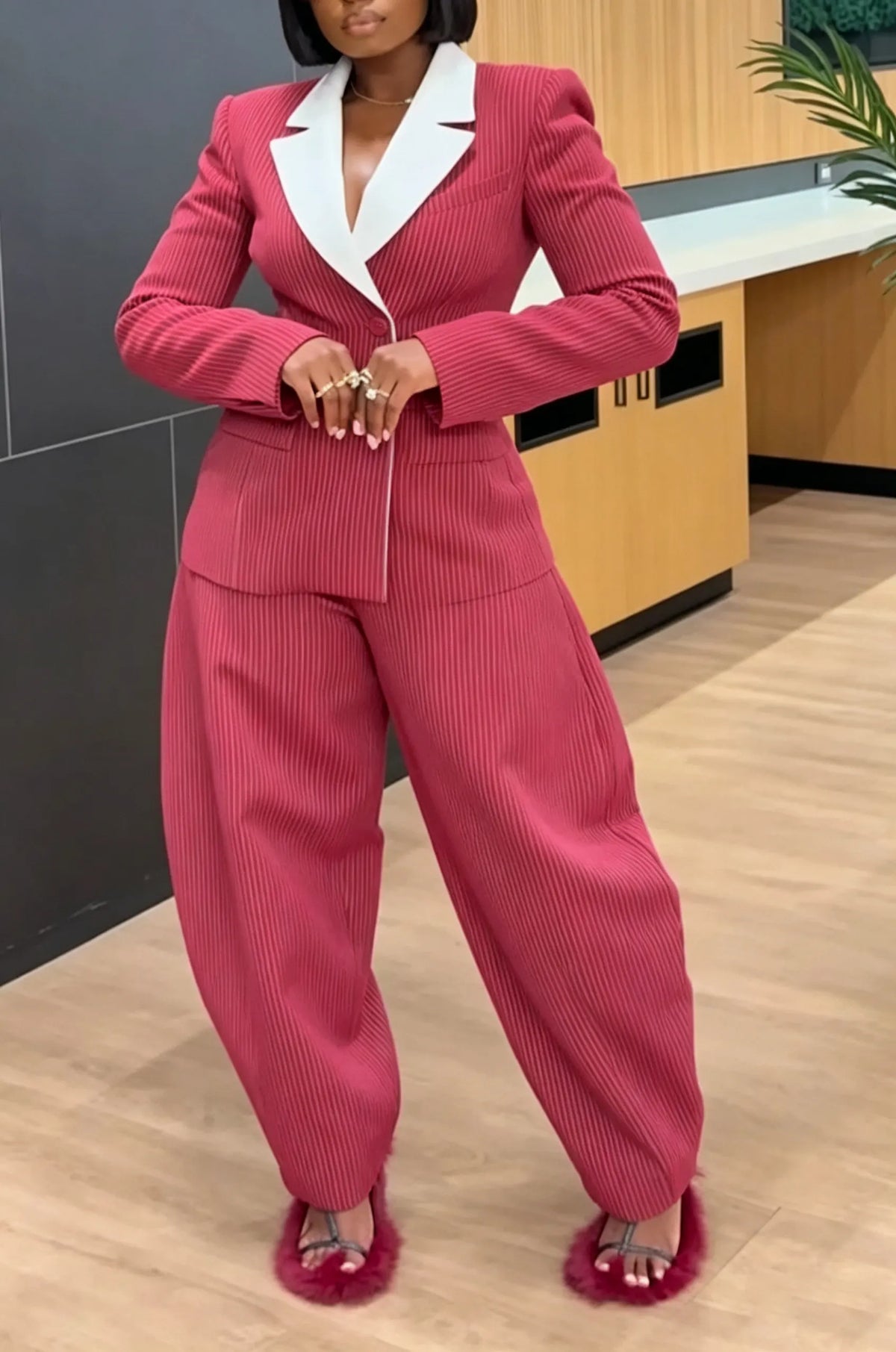 Women's Fashion Color Block Lapel Asymmetric Blazer or Curved Pants