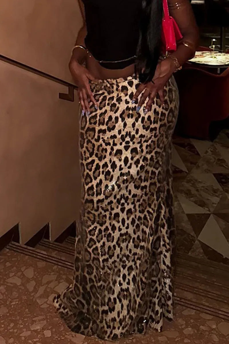 Ladies Fashion High-Waisted Leopard Print Stretchy A-Line Skirt