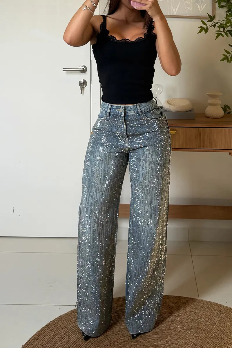 Women's Fashion Party Shiny Rhinestone Wide Leg Jeans
