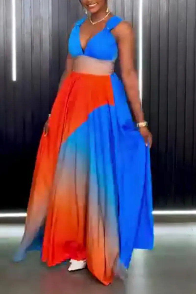 Women Contrast Gradient Color Deep V Sling Waist Cutout High Slit Maxi Dress