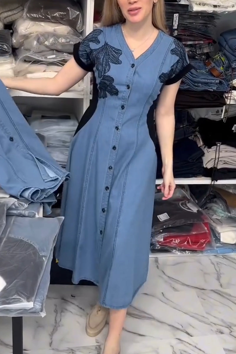 Women's V-neck Breasted Patchwork Embroidered Elegant Casual Denim Dress