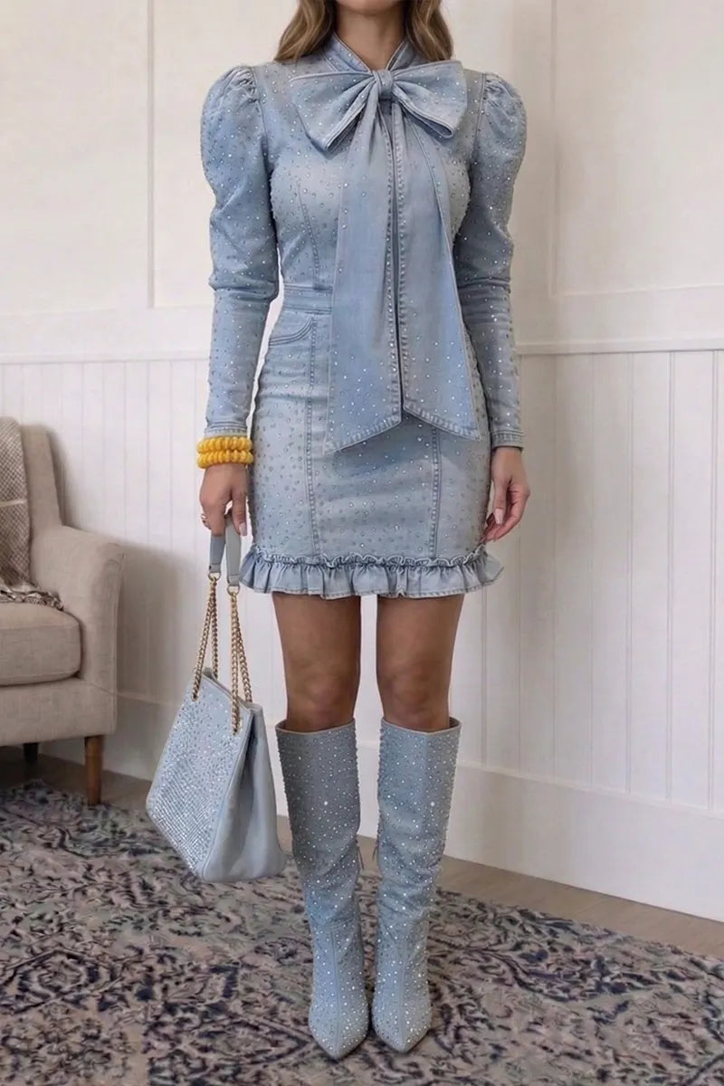 Women's Casual Rhinestone Bow Denim Dress