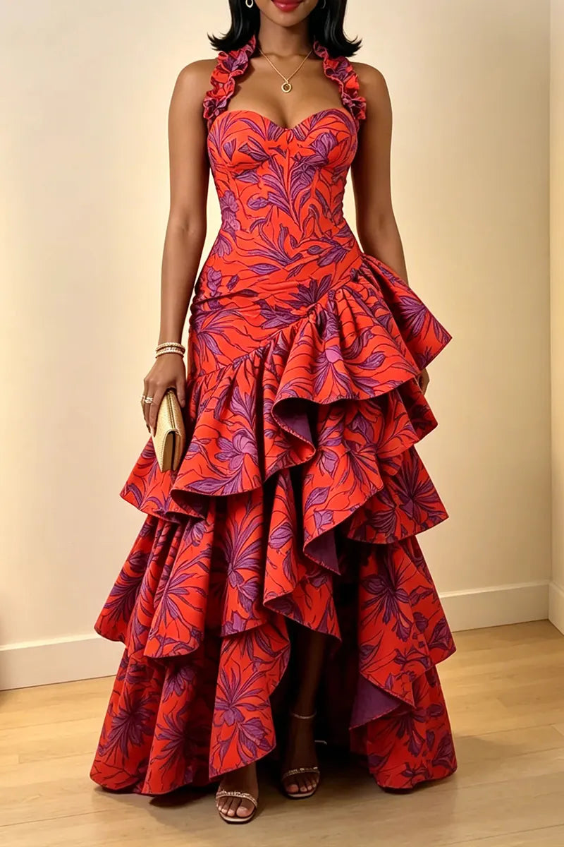 Women's Elegant Tiered Ruffle Patchwork Slit Hem Floral Print Dress
