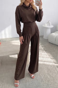 Women's 2-Piece Shimmer Outfit High Neck Long Sleeve Top and High-Waisted Flowy Palazzo Pant Set